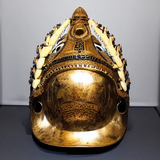 Image similar to symmetrical product photograph of a highly detailed ominous helmet made from animal skulls and gold inlay, damaged