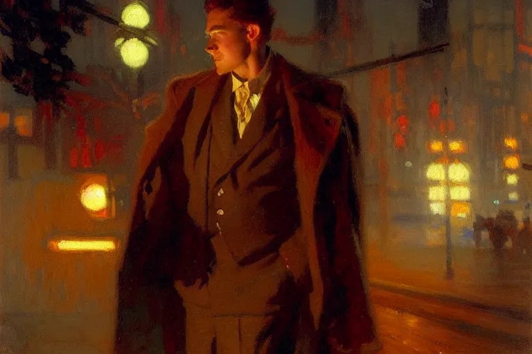 Prompt: winter, attractive male, neon light, painting by gaston bussiere, craig mullins, j. c. leyendecker