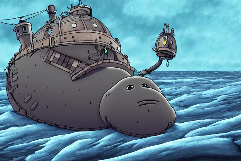 Prompt: cell shaded cartoon of a giant lovecraftian mechanized grey seal from howl's moving castle ( 2 0 0 4 ), in an icy river, full body, wide shot, very muted colors, post grunge, studio ghibli, highly detailed, deviantart, art by artgem