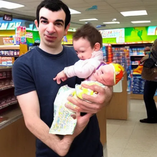 Image similar to Nathan fielder holding a baby in a 7 eleven,