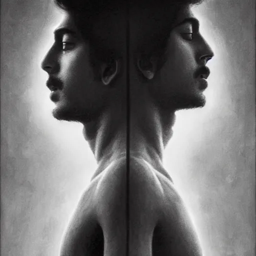 Image similar to perfectly - centered movie promotional poster - photograph of a young indian guy and a beautiful girl side profile faces symmetrical ; real life portrait by beksinski and jean delville, romantic theme, two lovers sharing one heart, unreal engine 5, photorealism, hd quality, 8 k resolution, cinema 4 d, hdr dramatic lighting ; symmetrical, cinematic, high coherence