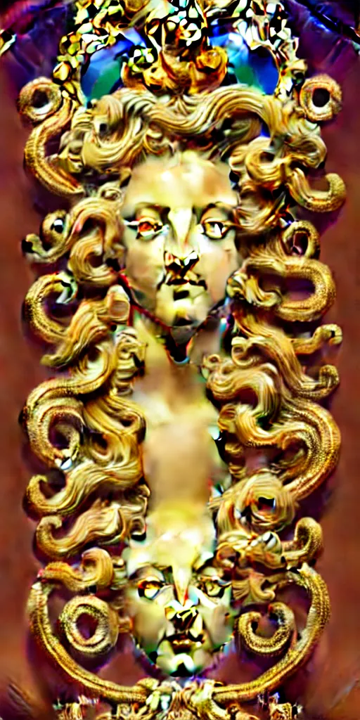 Image similar to the source of future growth dramatic, elaborate emotive Golden Baroque and Rococo styles to emphasise beauty as a transcendental, seamless pattern, symmetrical, large motifs,versace medusa logo in centre, bvlgari jewelry, rainbow syrup splashing and flowing, Palace of Versailles, 8k image, supersharp, spirals and swirls in rococo style, medallions, iridescent black and rainbow colors with gold accents, perfect symmetry, High Definition, photorealistic, masterpiece, 3D, no blur, sharp focus, photorealistic, insanely detailed and intricate, cinematic lighting, Octane render, epic scene, 8K