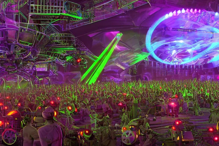 Image similar to an outdoor festival stage with audience, center of the stage is a big futuristic dieselpunk machine with gears and belts and tubes, rock musicians on the stage, laser show, 8 k, fluorescent colors, halluzinogenic, multicolored, exaggerated detailed, unreal engine