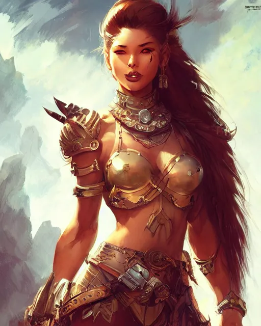 Image similar to beautiful female warrior by stanley artgerm lau, wlop, rossdraws, frank frazetta, andrei riabovitchev, marc simonetti, tranding on artstation