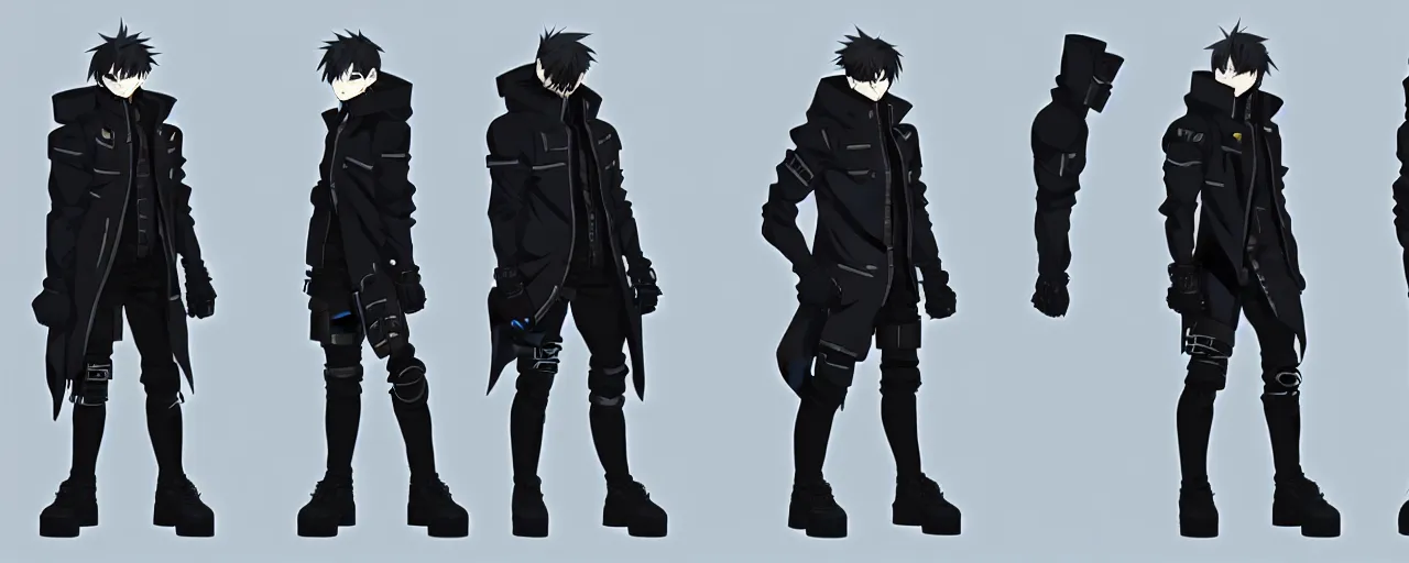 Image similar to a male anime cyberpunk hero protagonist wearing a heavy jacket and heavy black boots, character concept exploration, outfit designs, trending on artstation; clear silhouette, strong design