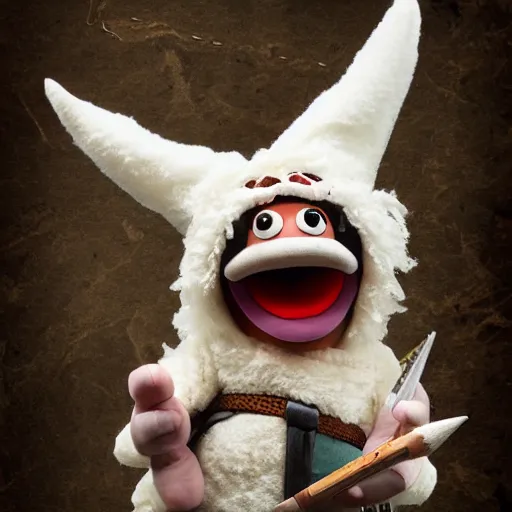 Image similar to dungeons and dragons egg white grung cleric as a chibi muppet plush wearing a big dark wolf pelt headdress and carrying a tiny sketch book and pencil, photorealistic, photography, national geographic, sesame street