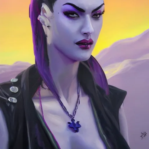Image similar to oil painting of widowmaker from overwatch in the desert, black and purple jacket, beautiful face, detailed eyes, very detailed face, feminine face, full body