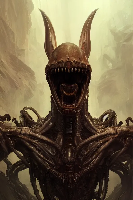 Image similar to xenomorph king close - up portrait, crown of bones, intricate, elegant, volumetric lighting, scenery, digital painting, highly detailed, artstation, sharp focus, illustration, concept art, gaston bussiere, ruan jia, steve mccurry