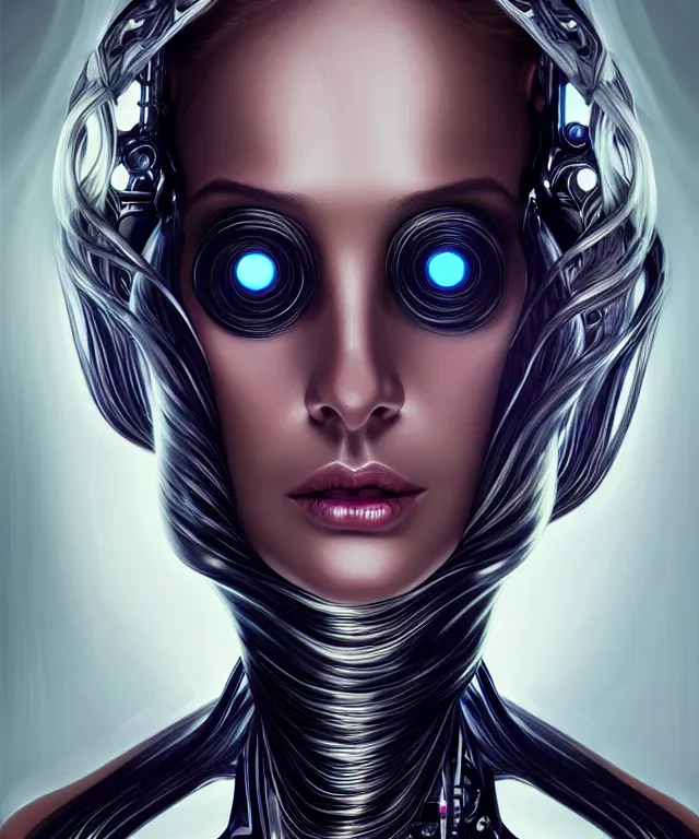 Image similar to Supermodel woman turning into an Android portrait, dark surrealism , scifi, intricate, elegant, sharp eyebrows, ornate long flowing blonde hair, highly detailed cybernetic body, neon glowing eyes, digital painting, artstation, concept art, smooth, sharp focus, illustration, art by artgerm and moebius and alphonse mucha