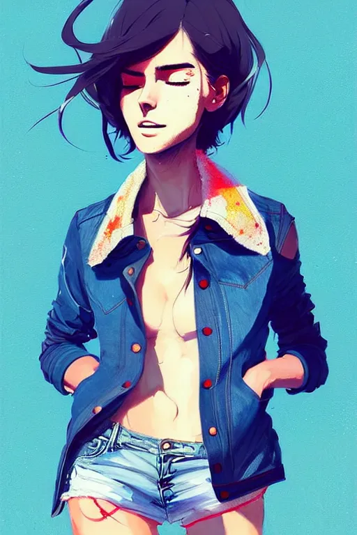 Image similar to a ultradetailed beautiful painting of a stylish woman in a denim jacket and shorts, by conrad roset, greg rutkowski and makoto shinkai trending on artstation