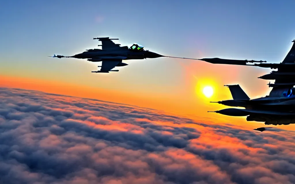 Image similar to photo of a f 1 6 jet plane flying in the sunset over the clouds