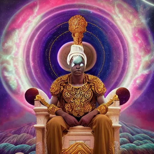 Prompt: obatala the cosmic god sitting on a throne of nebula clouds, by Adi granov and afarin sajedi and amanda sage in a psychedelic portrait style, ultrarealistic matte painting, volumetric lighting, piercing eyes, highly detailed face, orisha, 8k, hd
