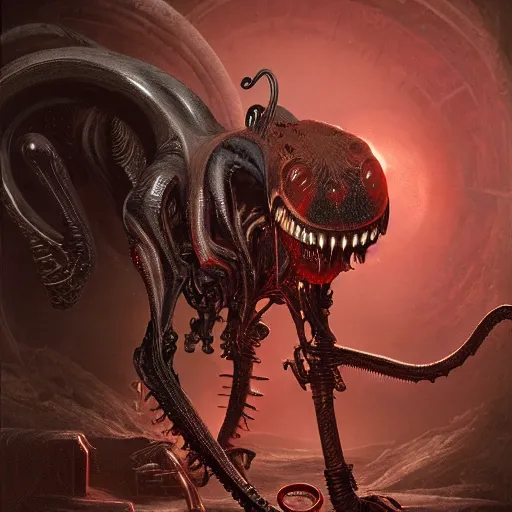 Prompt: mickey mouse xenomorph chimera lurking in dark room, round ears, red pants, designed by h. r. giger, highly intricate detailed 8 k ultrarealistic octane render by artgerm and rutkowski and beksinski and mucha