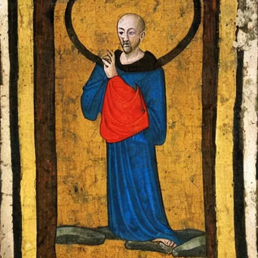 Prompt: medieval painting of a monk next to a barrel