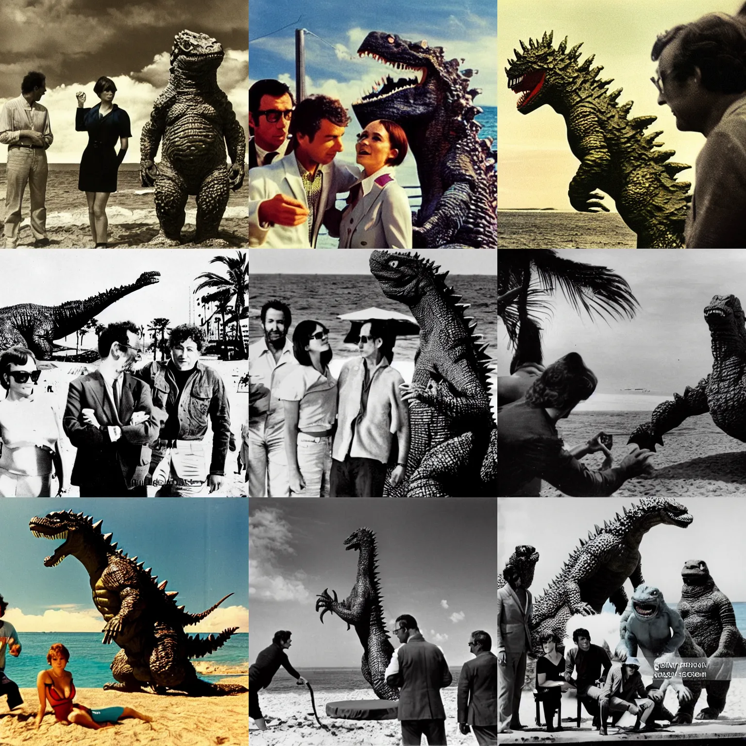 Prompt: photoshoot in technicolor of godzilla on a beach in cannes. godzilla is a big monster with scales. godzilla is at the center surrounded by jean - luc godard and anna karina. in color. close - up on godzilla, jean - luc godard and anna karina