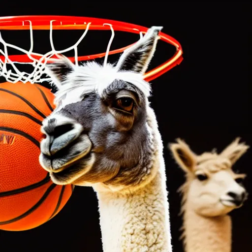 Image similar to a photo of a llama dunking a basketball, 4 k, photography, high resolution