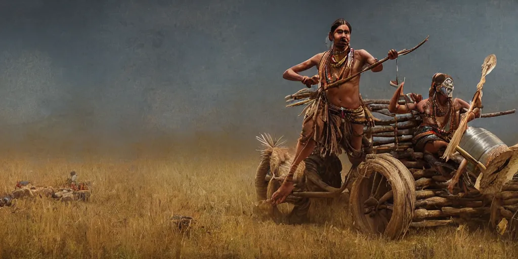 Image similar to photorealistic photo of an ancient indian tribesman on ancient makeshift atv with big wooden puffy wheels, hunting buffalo herd ,attacking, chase, action scene, an epic fantasy, dramatic lighting, cinematic, establishing shot, extremely high detail, photorealistic, cinematic lighting, artstation, octane render, by simon stalenhag, horizon forbidden west,old photo, high speed photography, vintage,