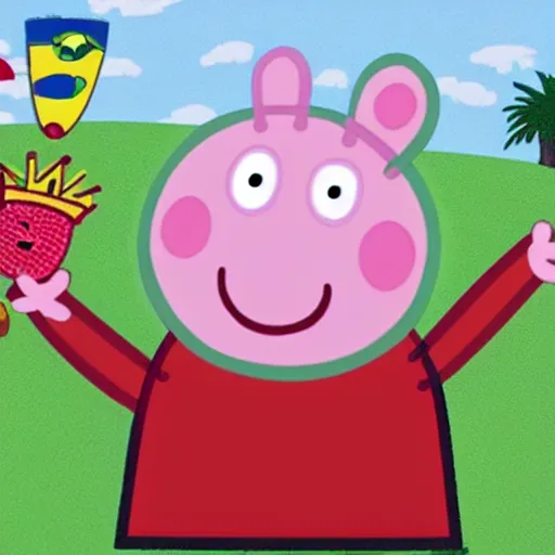 Image similar to peppa pig with his head shaped like a superturbo