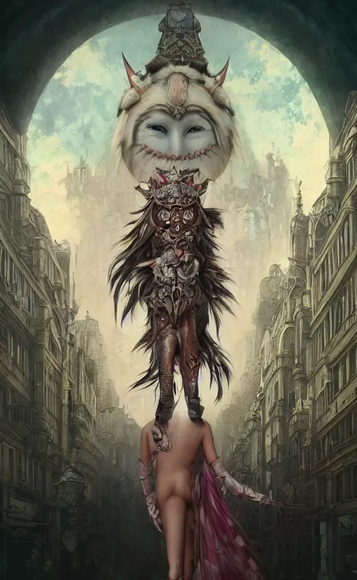 Prompt: hyper realistic Princess Mononoke, ornate mask magic, wet market street, cyberpunk metropolis, city landscape, jewels, full body pose, full moon, crowded streets, style of tom bagshaw, mucha, james gurney, norman rockwell, denoised, sharp