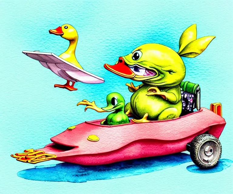 Image similar to cute and funny, duck riding in a tiny amphibious vehicle, ratfink style by ed roth, centered award winning watercolor pen illustration, isometric illustration by chihiro iwasaki, edited by craola, tiny details by artgerm and watercolor girl, symmetrically isometrically centered