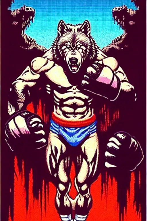 Image similar to extreme long shot. 8 bit nes graphics. 8 0's. vhs artefacts. antropomorphic muscular masculine wolf. kickboxer fighter, in shorts. wolf head. angry. fine details, very sharp, art from nes game cartridge, vaporwave style, marc simonetti and hermann nitsch and anish kapoor.