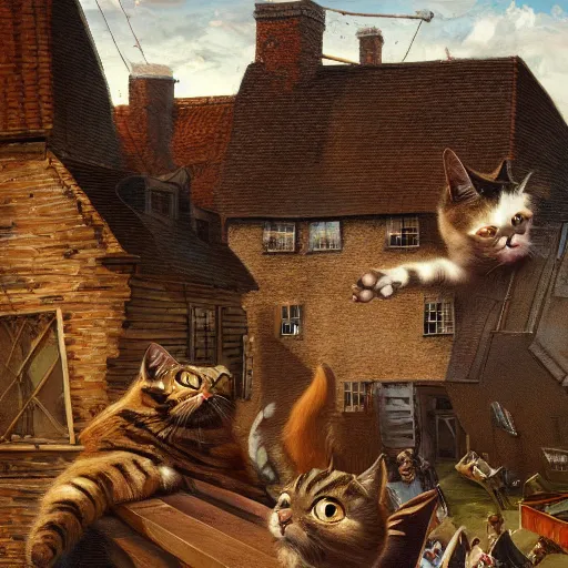 Image similar to a highly detailed oil painting of a giant cat smashing houses, renaissance, bystanders watching from the sides, 4 k, by ariduka 5 5, monokubo, artstation,