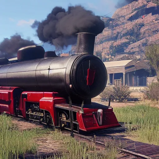 Image similar to futuristic sleek steam locomotive in red dead redemption 2