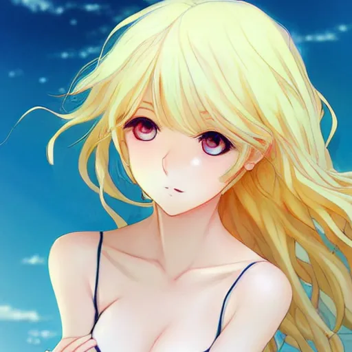 Image similar to a very beautiful anime girl, full body, curly white hair, golden eyes, full round face, short smile, light yellow dress, beach setting drawn by artgerm