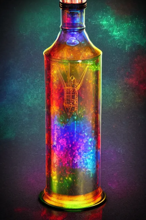 Image similar to photo of a rainbow colored filigran steampunk bottle, band merchandise, bandname is tripmachine, realistic digital art, label on the bottle is printed with a 3 d render of a huge futuristic steampunk generator, 8 k, fluorescent colors, halluzinogenic, multicolored, exaggerated detailed, unreal engine