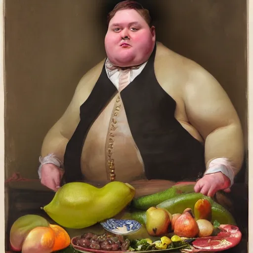 Image similar to highly detailed portrait of a grossly obese flamboyant man who is shaped like a pear artstation he is sitting down for a lavish feast of only vegtables, 8 k, sfx, john singer sargent.