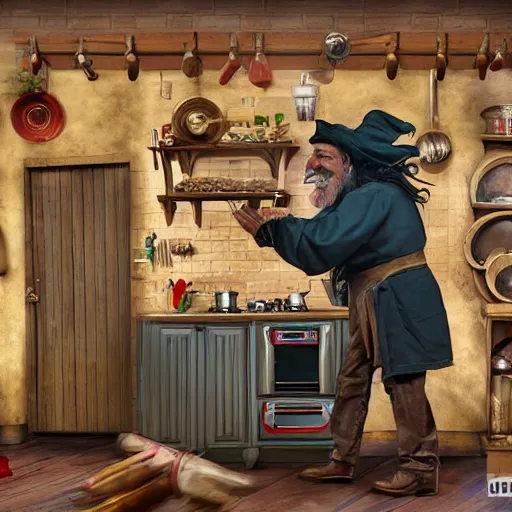 Image similar to british magical hobo breaks into some ork's kitchen and attacks them, 4 k, detailed, real life photo, sharp focus, photorealistic