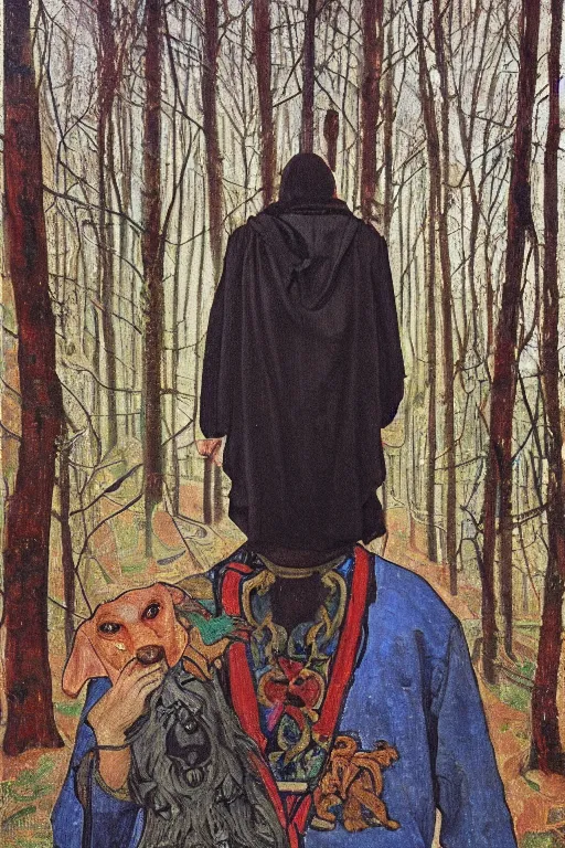 Prompt: slavic dog head man, woolen torso in medieval clothes, walking in the forest, orthodox saint christopher, oil painting, painting by viktor vasnetsov, concept art, hyperrealism, beautiful, high resolution, trending on artstation, by annie swynnerton and nicholas roerich, embroidered robes, starry tattoos, elaborate costume,