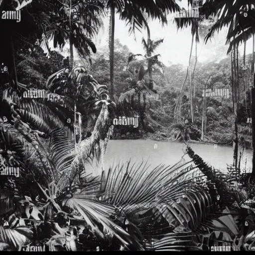 Prompt: a rizom lost film footage of a 3 d shape in the middle of the tropical jungle / tropicalism / tropicalism / tropicalism / film still / cinematic / enhanced / 1 9 2 0 s / black and white / grain