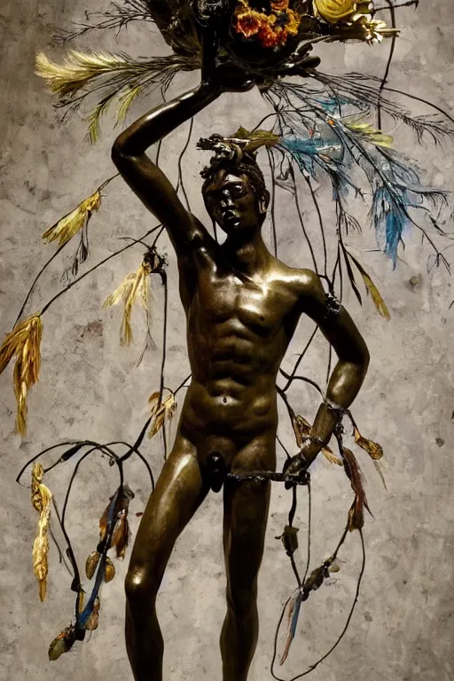 Image similar to Jean-Michel Basquiat as a bronze full-body statue of Icarus spreading his arms and arching his back for flight, glowing quartz crystal skull, wreath of ferns, flowing sakura-colored silk, fabric, flowers. baroque elements, human skull. full-length view. baroque element. intricate artwork by caravaggio. many many birds birds on background. Trending on artstation. halo. octane render, cinematic, hyper realism, octane render, 8k, depth of field, 3D