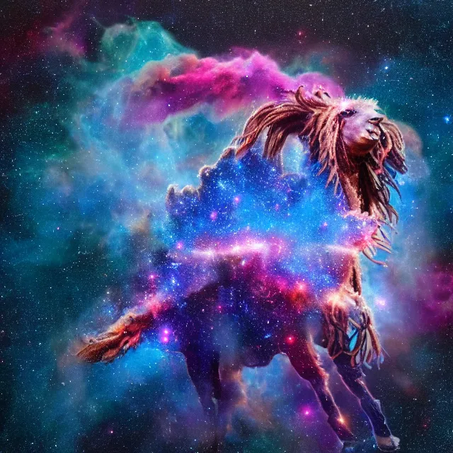 Image similar to llama with dreadlocks, depicted as an explosion of a nebula, 4 k, hyperrealistic painting