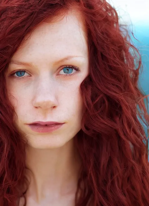 Image similar to close up portrait photograph of a thin young redhead woman with russian descent, sunbathed skin, with deep blue eyes. Wavy long maroon colored hair. she looks directly at the camera. Slightly open mouth, face takes up half of the photo. a park visible in the background. 55mm nikon. Intricate. Very detailed 8k texture. Sharp. Cinematic post-processing. Award winning portrait photography. Sharp eyes.