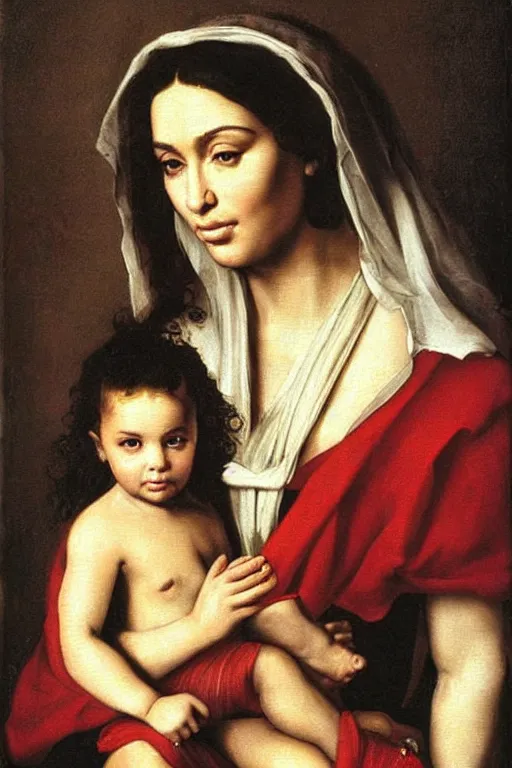 Image similar to kim kardashian as the madonna with child, painting by old dutch masters