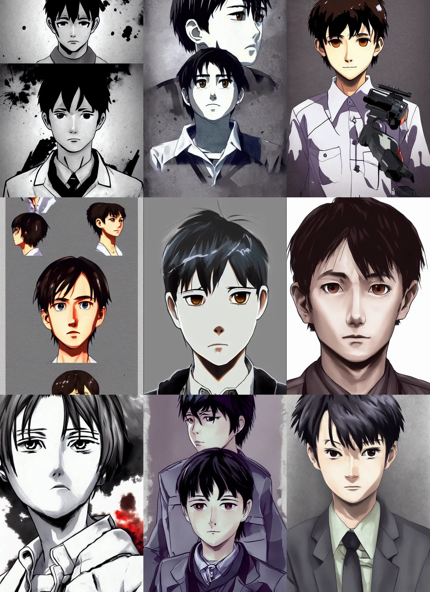 Prompt: shinji ikari! red dead redemption art style, rockstar games art, realistic anime, portrait, beautiful face, symmetrical face