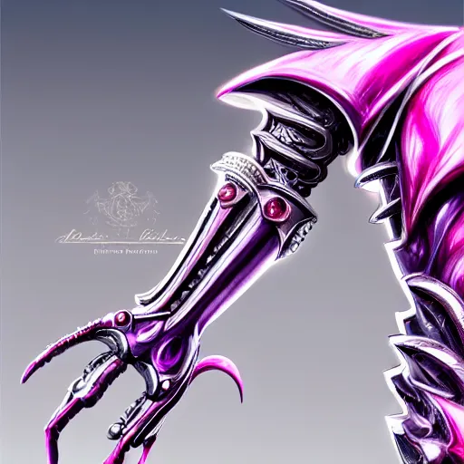 Image similar to highly detailed exquisite fanart, of a luxury car, shiny silver armor engraved, Fuchsia skin beneath the armor, elegant pose, close-up shot, streamline design, full body shot, epic cinematic shot, long elegant tail behind, sharp claws, robot dragon hands and feet, professional digital art, high end digital art, singular, realistic, DeviantArt, artstation, Furaffinity, 8k HD render