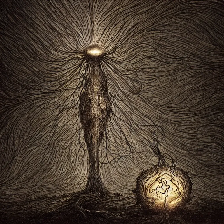 Image similar to lovecraftian onion surrounded by beams of light dark background by wayne barlow, stanley donwood, anton semenov, zdzislaw bekinski, 8 k, fantasy, dark