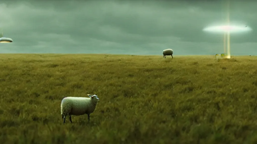 Prompt: sheep in a field being abducted by a ufo!, film still from the movie directed by directed by denis villeneuve