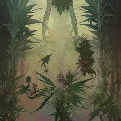 Image similar to a cannabis plant, bio vegetal concept art, by Peter Mohrbacher and Alphonse Mucha, chess, amazonia, detailed, style, 8k, trending on artstation, unreal engine 4k, detailed, clean background trending, full shot, symmetrical portrait, sophisticated, Unreal engine, dystopia, anti-utopia, post processing, psychadelic