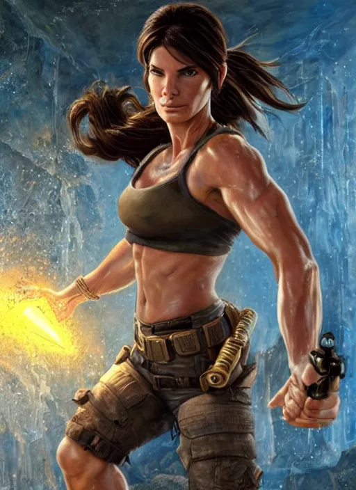 Image similar to muscled Sandra Bullock as Lara Croft as a ruggedly handsome heroine looking directly into the camera, jumping off a glowing artifact lodged in shallow blue glowing water, intricate, elegant, highly detailed, artstation, concept art, smooth, sharp focus, illustration, bokeh art by artgerm and donato giancola and Joseph Christian Leyendecker, WLOP, fireflies, distant snowstorm and thunder