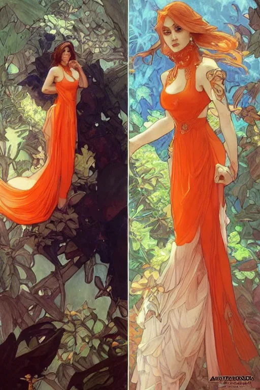 Image similar to man in orange shirt fastens dress, beautiful creation to his spouse before going to exquisite gala art by artgerm and greg rutkowski and charlie bowater and magali villeneuve and alphonse mucha