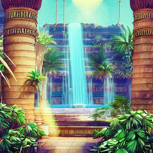 Image similar to a old big egyptian palace with plants and waterfalls, retrowave art,digital art,trending on art station