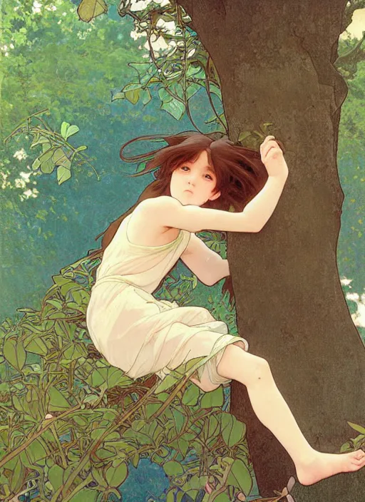 Prompt: young boy with long hair, climbing a tree, path traced, highly detailed, high quality, digital painting, by studio ghibli and alphonse mucha, leesha hannigan, hidari, art nouveau, chiho aoshima, jules bastien - lepage