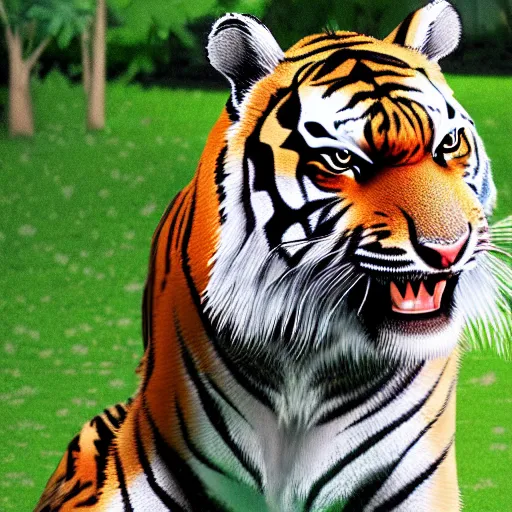 Prompt: a tiger with bunny ears for a chin the tiger's chin is made of bunny ears, photo realistic, hyper relativistic, volumetric lighting, high particle effects