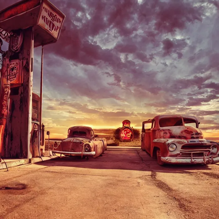 Image similar to a sunset light landscape with historical route 6 6, lots of sparkling details and sun ray ’ s, blinding backlight, smoke, volumetric lighting, colorful, octane, 3 5 mm, abandoned gas station, old rusty pickup - truck, beautiful epic colored reflections, very colorful heavenly, softlight