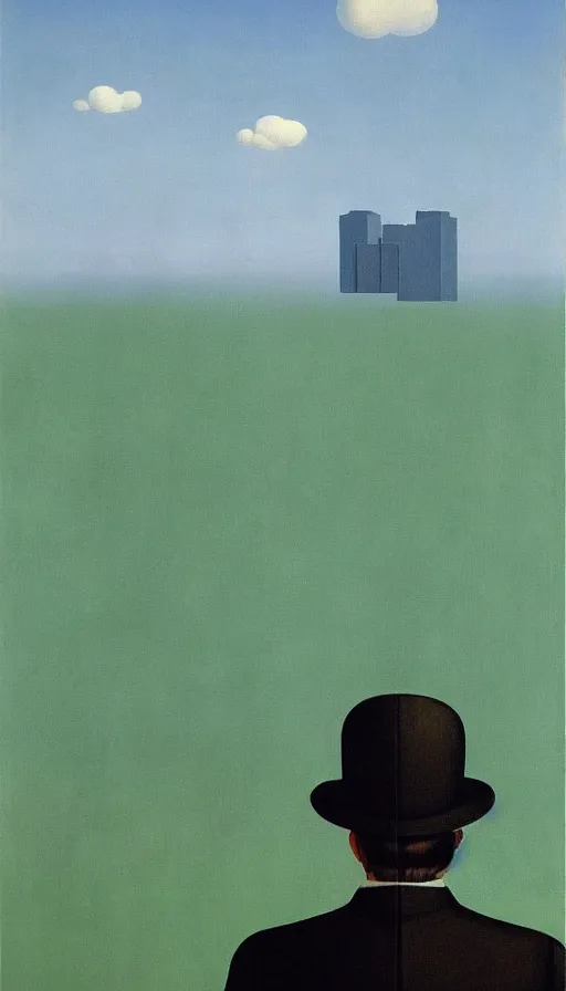 Image similar to one frog with city in the back by René Magritte, detailed, 4k