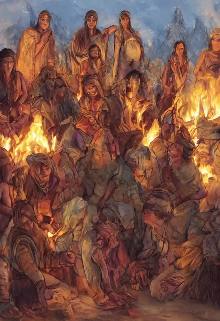 Prompt: realistic bonfire tribe gather with a pregnant woman as her leader, intense blue eyes, realistic, antartica